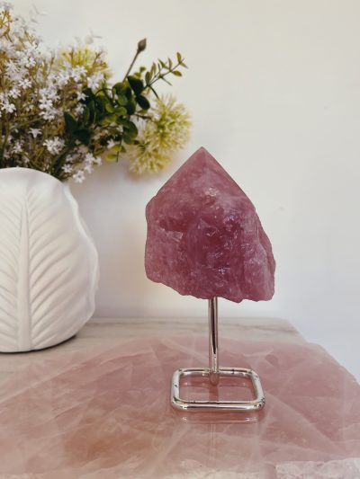 Rose Quartz Point on Chrome Stand - Crystal Empire Australia