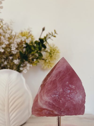 Rose Quartz Point on Chrome Stand - Crystal Empire Australia