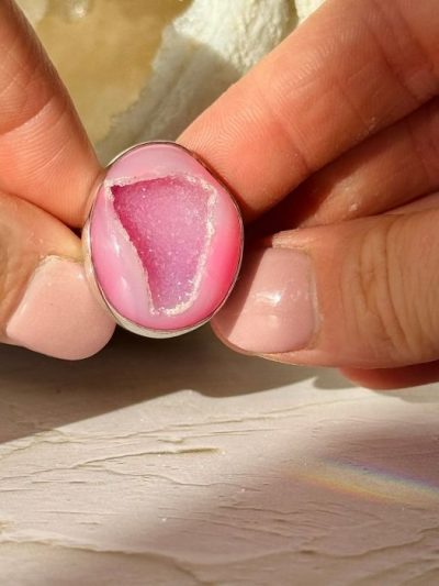Druzy Agate Ring Pink Sterling Silver